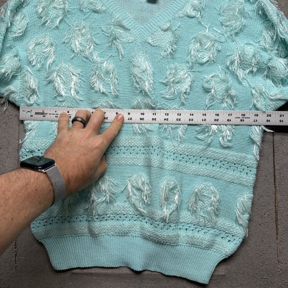 Aqua Blue Floral Fringe Knit Sweater Short Sleeve Vintage Womens XL - Picture 6 of 8